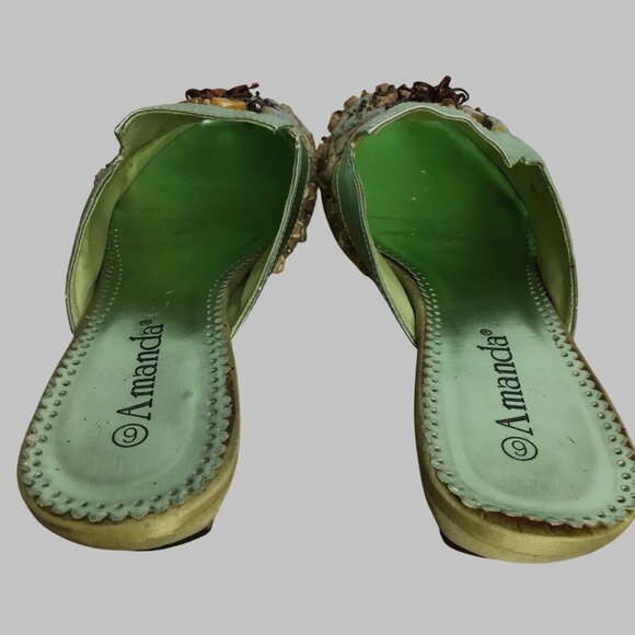 Amanda Moroccan Lights Green Beaded Mule Slides Embellished Satin Boho Size 9M - Picture 5 of 6